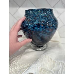 Signed Studio Art Glass Vase Blue Confetti Speckled Pedestal Foot